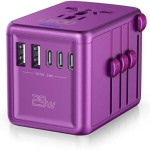 Universal Travel Adapter Offers 5.8A 3X 3.0A USB-C Ports, 2X 2.4A USB-A Ports and Multi AC Outlet, All-in-One International Power Plug Adapter Worldwide Travel Charger for EU USA UK AUS (Purple)