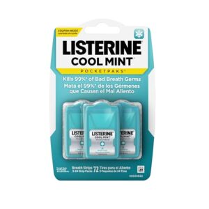 Listerine Cool Mint PocketPaks Portable Breath Strips for Bad Breath, Fresh Breath Strips Dissolve Instantly to Kill 99% of Bad Breath Germs* On-The-Go, Cool Mint, 24-Strip Pack, 3 Pack