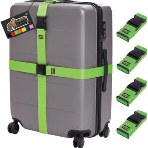 GORILLA GRIP Heavy Duty 4 Pack Adjustable Luggage Straps for Suitcases, Easy to Identify Travel Belt Connector Holds Suitcase Together, Extends Life of Bag, Strap Connects Two Bags, Accessories Green