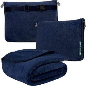 PAVILIA Travel Blanket Pillow, Soft Airplane Blanket 2-IN-1 Combo Set, Plane Blanket Compact Packable, Flight Essentials Car Pillow, Travelers Gifts Accessories Luggage Backpack Strap, 60x43 Navy Blue