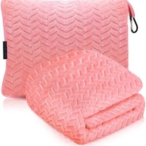 Travel Blanket and Pillow – Ultra Soft Lightweight Compact Blanket for Airplane, Car, Bus, Travel – Portable Cozy Fleece for Men, Women, and Kids – Pink, 40" x 63"